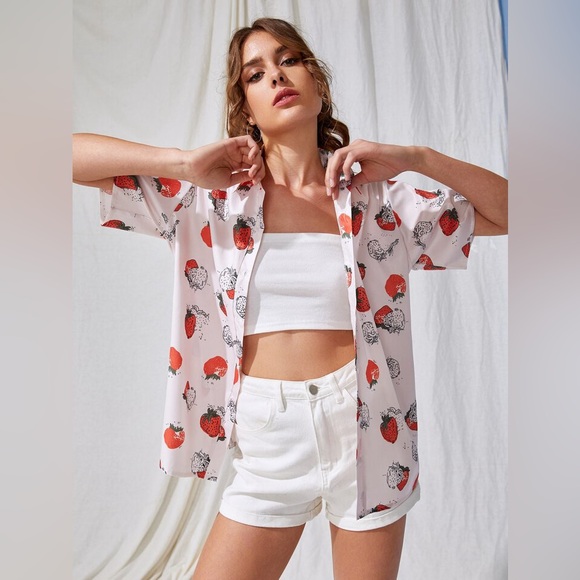 ROMWE Tops - Fruit Coquette Cottage Core Strawberry Print Button Down